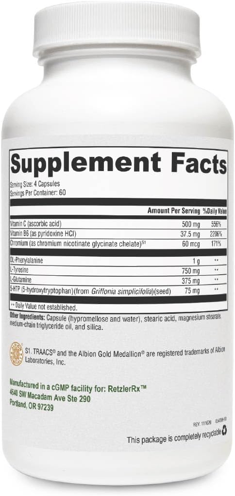 Crave Control by RetzlerRx - Υποστήριξη για να βοηθήσει Curb Appetite και Combat Cravings - Χρώμιο, DL-Φανυλαλανίνη, L-Γλουταμίνη, Βιταμίνη B6 + 5-HTP για την υποστήριξη Mood & Appetite (240 κάψουλες)