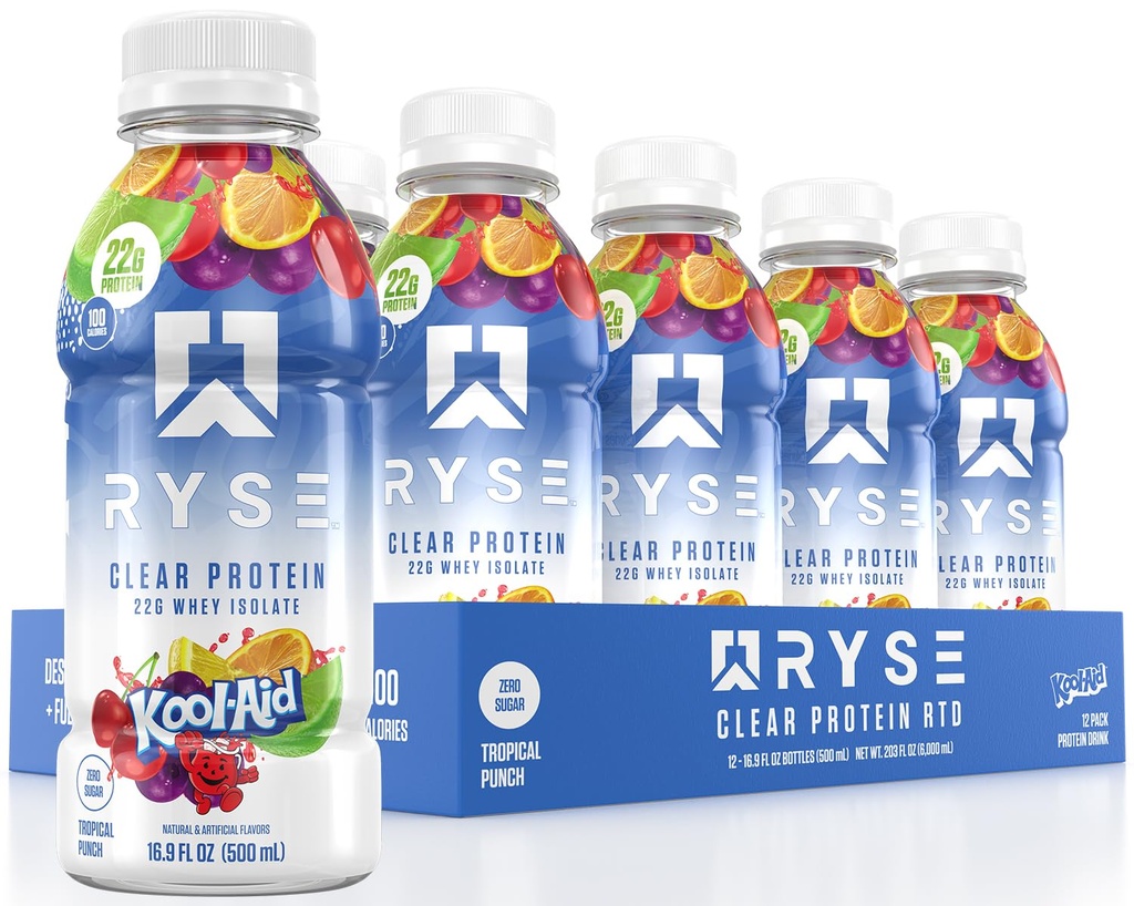 RYSE Clear Protein Drink - Kool-Aid Tropical Punch - 100 θερμίδες, 22g Whey Isolate Protein Shake, Sugar-Free, 0g Λίπος & Λακτόζη-Free - Αναζωογονητικό Ready-to-Dink Beverage - 16,9 fl oz Μπουκάλια (12-Pack)