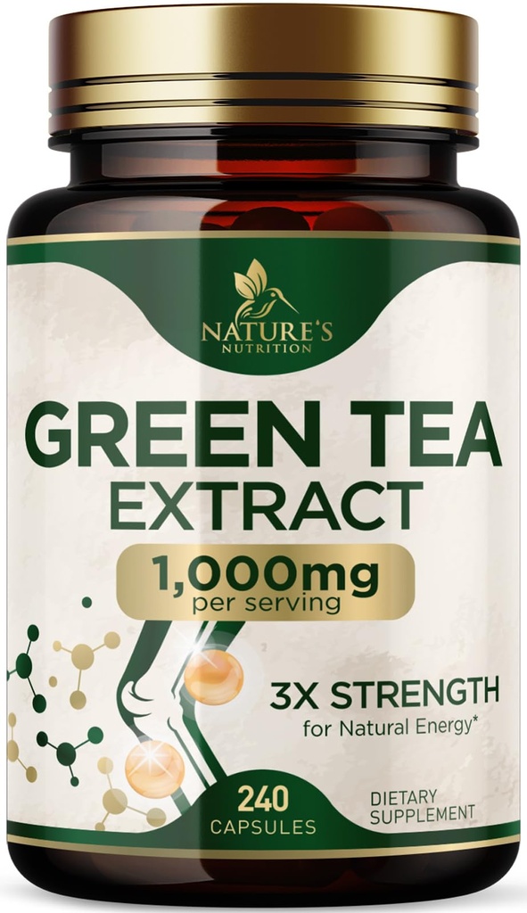 Κάψουλες Εκχύλισμα Πράσινου Τσάι 1000 mg - Standardized 45% EGCG & 98% Polyphenols - 3X Strength Green Tea Hills for Natural Energy - Υποστηρίζει την υγεία της καρδιάς, συμπλήρωμα βοτάνων, Vegan, Non-GMO - 240 κάψουλες