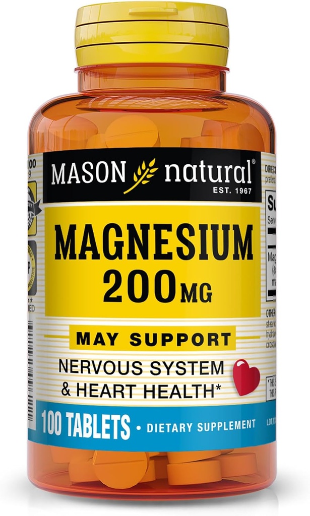 Mason Natural Magnesium 200 mg, Υποστήριξη λειτουργίας μυών και νεύρων, 100 δισκία