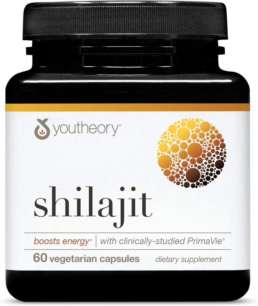 Youtheory Shilajit - 500 mg Shilajit Κάψουλες - Συμπλήρωμα ενέργειας - Shilajit Υποστηρίζει Stamina & Αντοχή - Καθαρό σιλατζίτι Ιμαλαΐων - Γλουτένη, Γαλακτοκομικά & Σόγια Δωρεάν - 60 κάψουλες χορτοφάγων