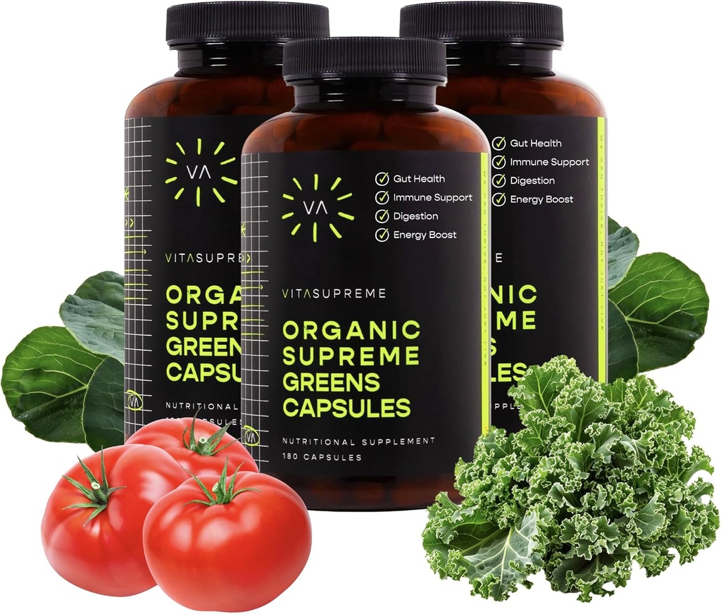Vita Supreme Organic Super Greens Superfood Capsule, Συμπλήρωμα διατροφής για την υγεία των ούρων, την ανοσοποιητική υποστήριξη, την πέψη, την ενέργεια, και περισσότερα (Non-GMO, Keto, Vegan) 180 κάψουλες, 3 συσκευασίες