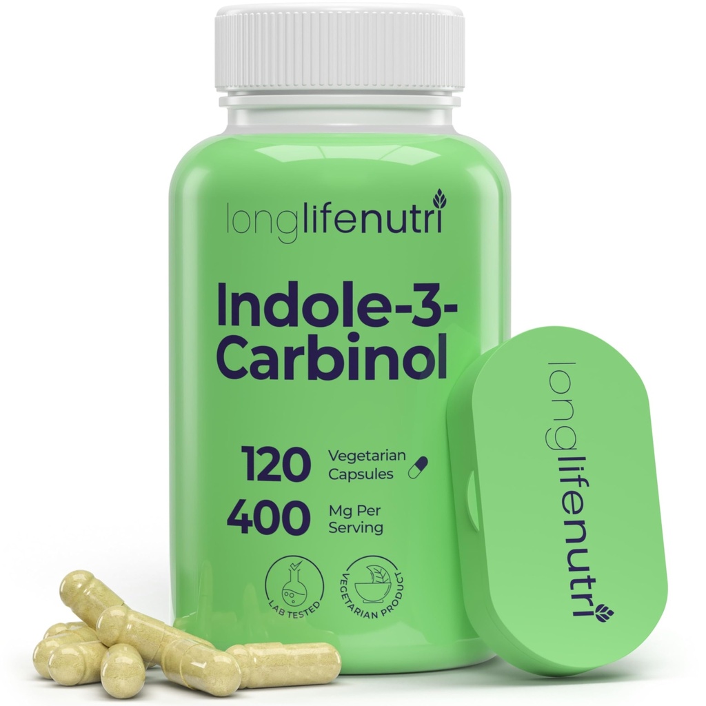 LongLifeNutri Indole-3-Carbinol 400mg - 120 Vegeterian Κάψουλες, 4-μηνιαία προσφορά, οργανικό συμπλήρωμα για την ισορροπία ορμονών & κυτταρίτιδα υγεία, εργαστήριο δοκιμαστεί, Made in USA