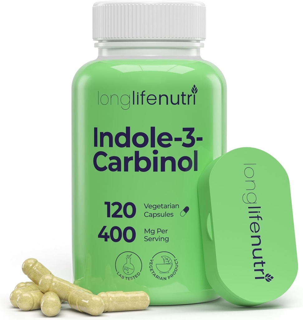 LongLifeNutri Indole-3-Carbinol 400mg - 120 Vegeterian Κάψουλες, 4-μηνιαία προσφορά, οργανικό συμπλήρωμα για την ισορροπία ορμονών & κυτταρίτιδα υγεία, εργαστήριο δοκιμαστεί, Made in USA