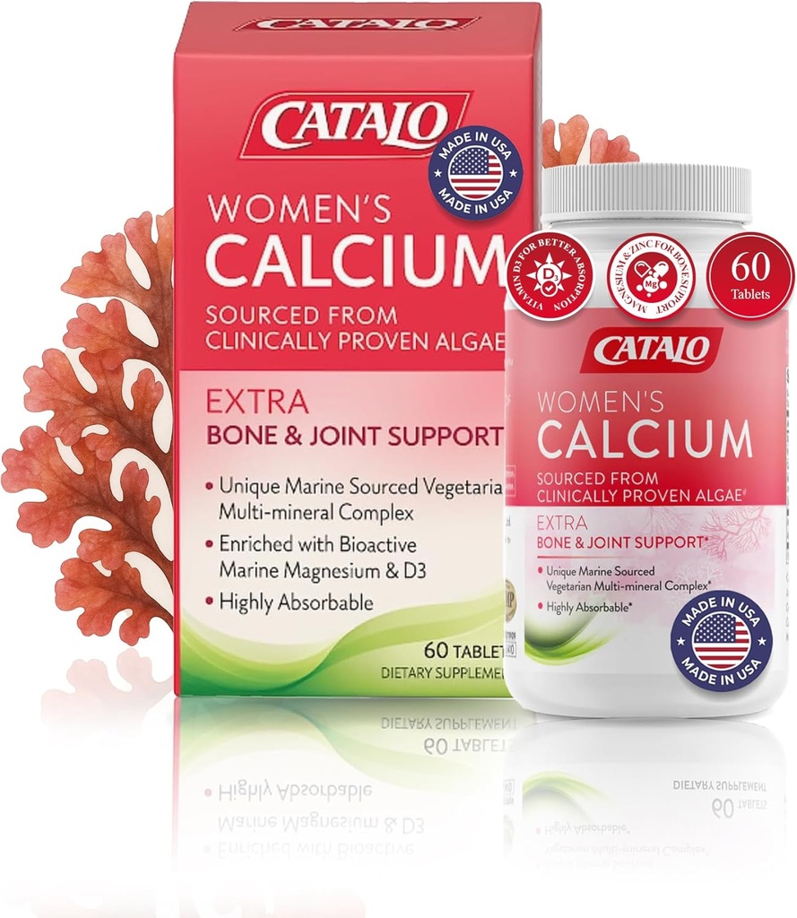 CATALO Women's Calcium with Aquamin™ Red Algae - Plant-Based Marine Calcium Supplement with Vitamin D3, Magnesium & Zinc - High Absorption Formula - 60 Tablets