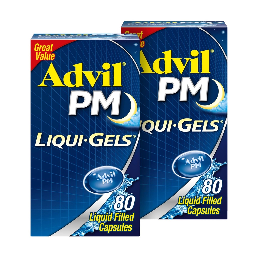 Advil PM Liqui-Gels Pain Reliever and Nighttime Sleep Aid, Pain Medicine with Ibuprofen for Pain Relief and Diphenhydramine HCL for a Sleep Aid - 2x80 Liquid Filled Capsles