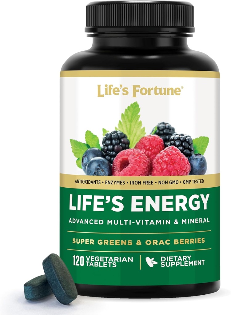 Life's Energy Advanced Daily Multivitamin for Men & Women, Energy & Immune Support Supplement with Super Greens - Antioxidants & Enzymes - Iron Free, Vegetarian, 120 Tablets by Life's Fortune