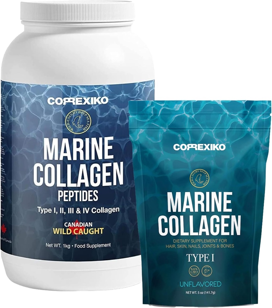 CORREXIKO Marine Collagen Powder Supplement Unflavored - 1kg & 5oz Bundle - 10.000mg Διπλό υδρολυμένο κολλαγόνο Πεπτίδια ανά Σερβίρισμα - Formated for Maximum Abvortion - Μαλλιά, Δέρμα & Καρφιά