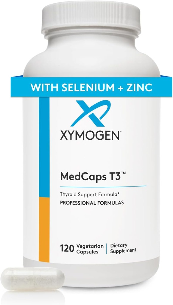 XYMOGEN MedCaps T3 - Θυρεοειδής Φόρμουλα Υποστήριξης με Βιταμίνες + Βότανα - Σελήνιο, Ψευδάργυρος, Βιταμίνη E + C, Ashwagandha, εκχύλισμα Guggul, και συμπλήρωμα ιωδίου (120 κάψουλες)