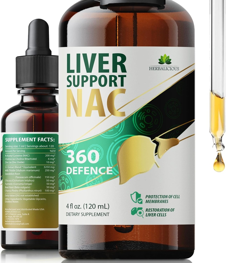 Υποστήριξη ήπατος NAC 360 Άμυνας – Liquid Liver Health with NAC, Milk Thistle, Dandelion, Chicory, Turmeric, Chanca Piedra, Beet Root & Zinc – Υποστηρίζει το συκώτι Detox, Cleanse & Cellular Health – 4 Fl Oz