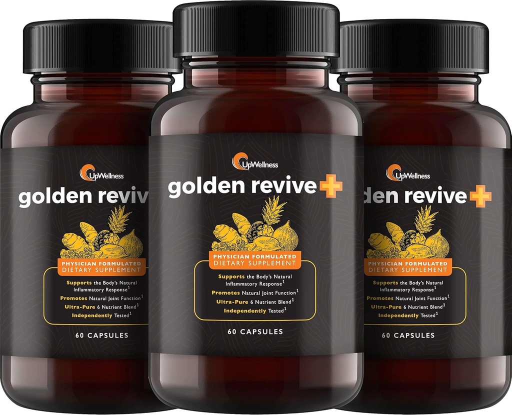 UpWellness Golden Revive + κοινό συμπλήρωμα υποστήριξης που διαθέτει κουρκουμά με μαύρο πιπέρι, κουερσετίνη, και μαγνήσιο-κουρκουμά Boswellia συμπλήρωμα - 6 ενεργά συστατικά - 60 κάψουλες, 3 πακέτο