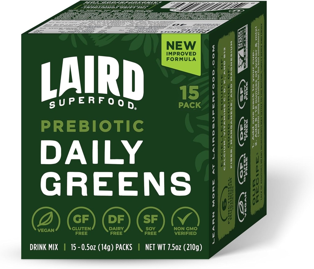 Laird Superfood Prebiotic Daily Greens Powder - Pack of 15 Single Serve Sachets - Essential Vitamins & Minerals - Fiber, Adaptogen & Fruits, Vegetables – Supports Gut Health – Non-GMO, Vegan