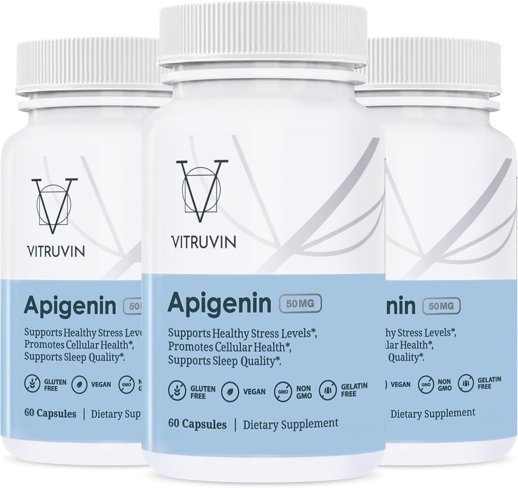 Vitruvin Apigenin 50mg, Bioflavonoid συμπλήρωμα, 3 μπουκάλια πακέτο, Vegan, μη-GMO, Χωρίς γλουτένη, χωρίς ζελατίνη.