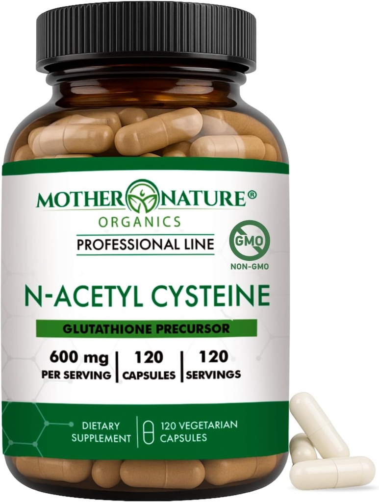 Mother Nature Organics NAC 600mg, Glass Bottle, N-Acetyl Cysteine Antioxidant Glutathione Precursor, Liver & Lung Support, Immune, Respiratory Health, and Detox (120 Count)