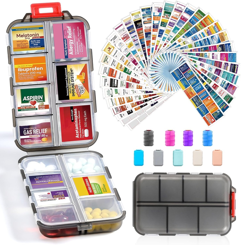 14 Grids Travel Pill Organizer Box με 415-Pcs Medicine Name Labels - Pocket Daily Pharmacy Case Container Kit - Travel Medication Holder Dispenser for Fish Oil Vitamin Supplement Storage - Καθαρό γκρι