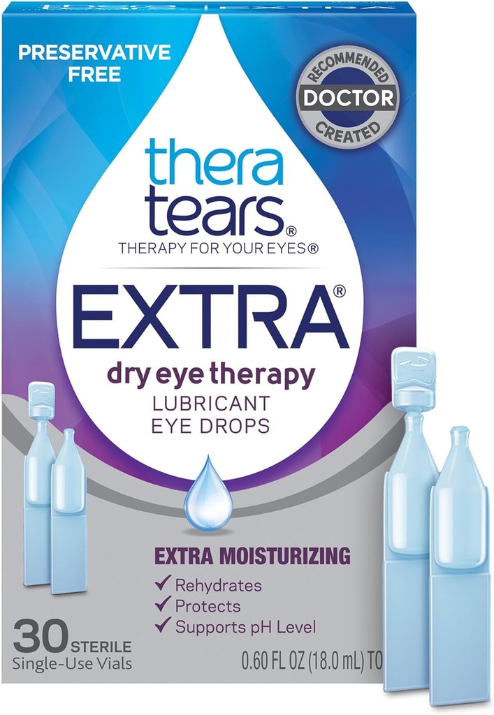 TheraTears Extra Dry Eye Therapy Preservative-Free Lubricating Eye Drops for Dry Eyes, 30 Single-Use Vials