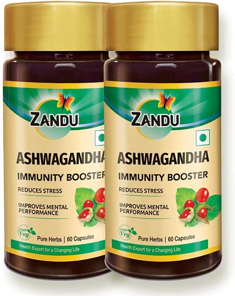 Zandu Ashwagandha κάψουλες (120 κάψουλες λαχανικών), Formated with Pure Extracts of Ashwagandha, Immunity Booster, For Natural Body Strength, Stress Buster (Pack of 60 x 2)