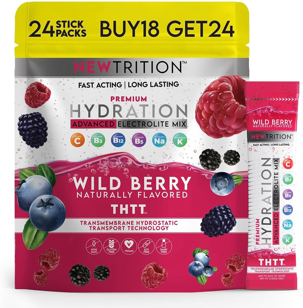 Hydration Powder, Wild Berry Pack των 24 Ηλεκτρολυτών Packets σκόνης, φυσικά αρωματισμένα ενυδατικά πακέτα νερού, ταχείας δράσης υδραυλικά ηλεκτρολύτες με βιταμίνες B & C, ενέργεια & ανάκτηση