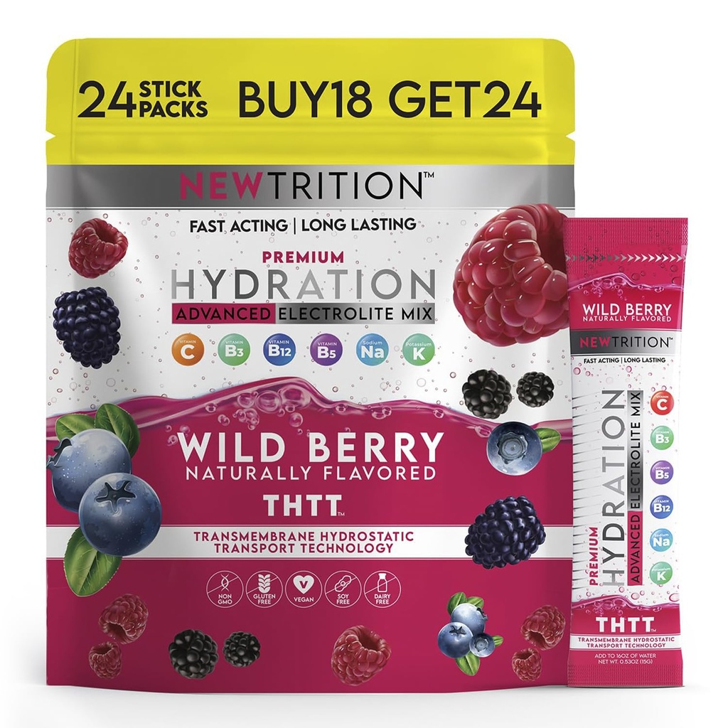 Hydration Powder, Wild Berry Pack των 24 Ηλεκτρολυτών Packets σκόνης, φυσικά αρωματισμένα ενυδατικά πακέτα νερού, ταχείας δράσης υδραυλικά ηλεκτρολύτες με βιταμίνες B & C, ενέργεια & ανάκτηση