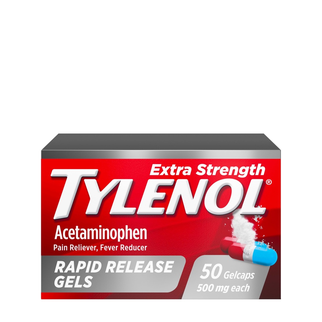 Tylenol Extra Strength Acetaminophen Rapid Release Gels, Extra Strength Pain Reliever & Fever Reducer, Gelcaps με Τρύπες με Λέιζερ, 500 mg Acetaminophen, 50 ct