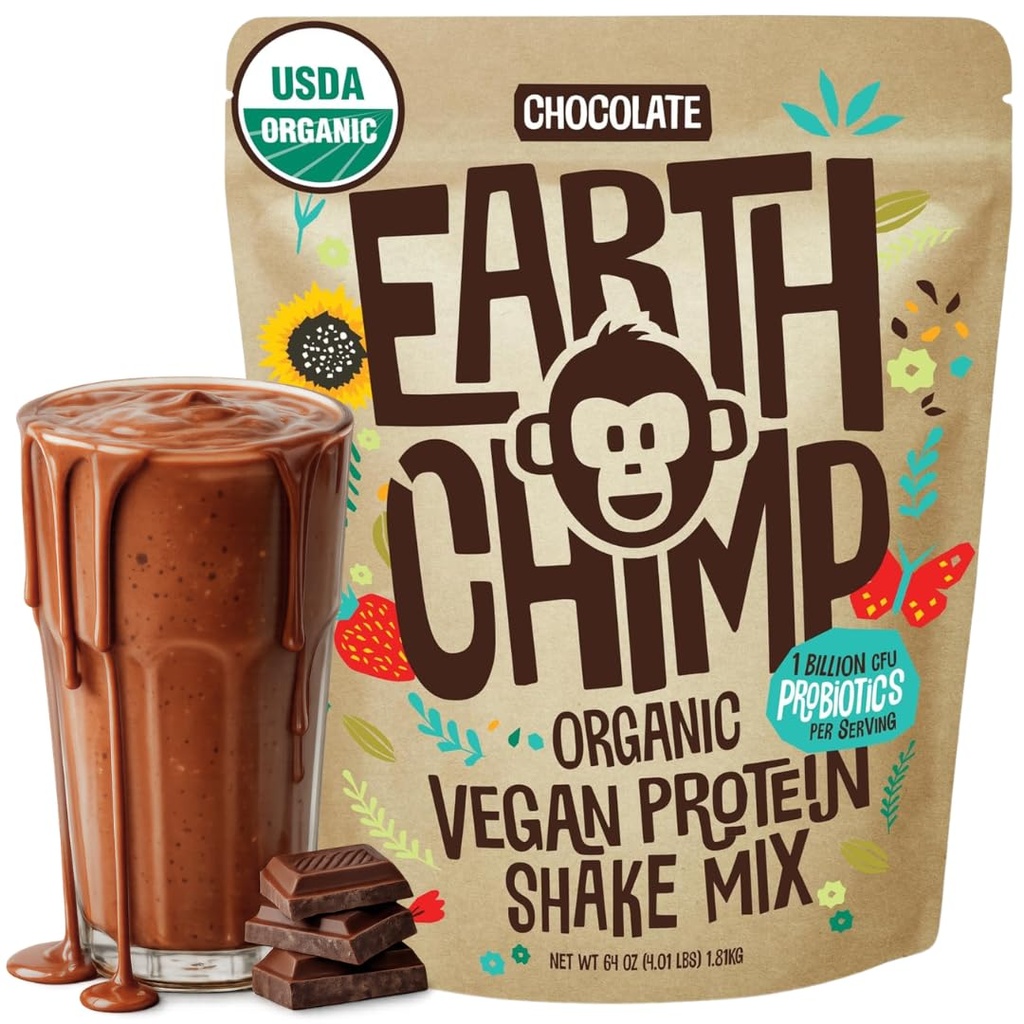 EarthChimp Organic Vegan Protein Powder - με Προβιοτικά - Μη ΓΤΟ, Γαλακτοκομικά Χωρίς, Μη Ορός γάλακτος, Φυτική Σκόνη Πρωτεϊνών για γυναίκες και άνδρες, Χωρίς Γλουτένη - 52 Μερίδες, 64 Οζ (Σοκολάτο)