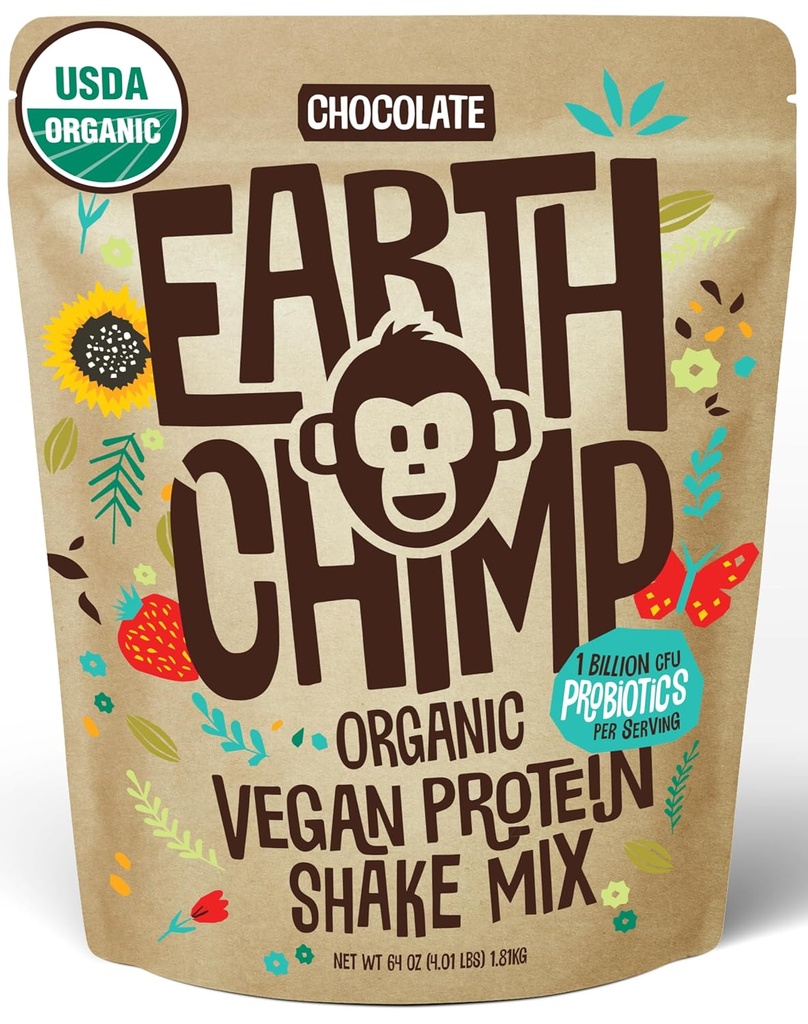 EarthChimp Organic Vegan Protein Powder - with Probiotics - Non GMO, Dairy Free, Non Whey, Plant Based Protein Powder for Women and Men, Gluten Free - 52 Servings, 64 Oz (Chocolate)
