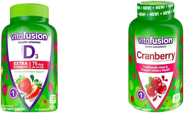 Vitafusion Επιπλέον δύναμη Βιταμίνη D3 Gummy Φράουλα Γεύση Οστών & ανοσοποιητική υποστήριξη (120 Count) + Cranberry Gummies για τις γυναίκες υποστήριξη υγείας ούρων (60 Count)