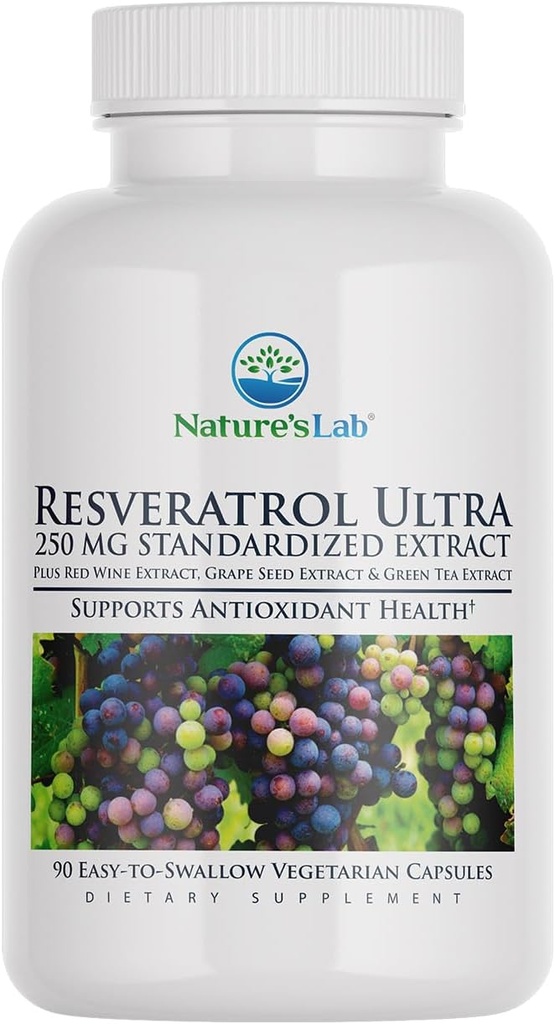 Nature's Lab Resveratrol Ultra - Συμπλήρωμα αντιοξειδωτικών * - 250mg Trans-Resveratrol, Κόκκινο εκχύλισμα κρασιού, Πράσινο εκχύλισμα τσαγιού- μη-GMO, Χωρίς γλουτένη, Vegan – 90 κόμη (3 Μήνες προσφοράς)