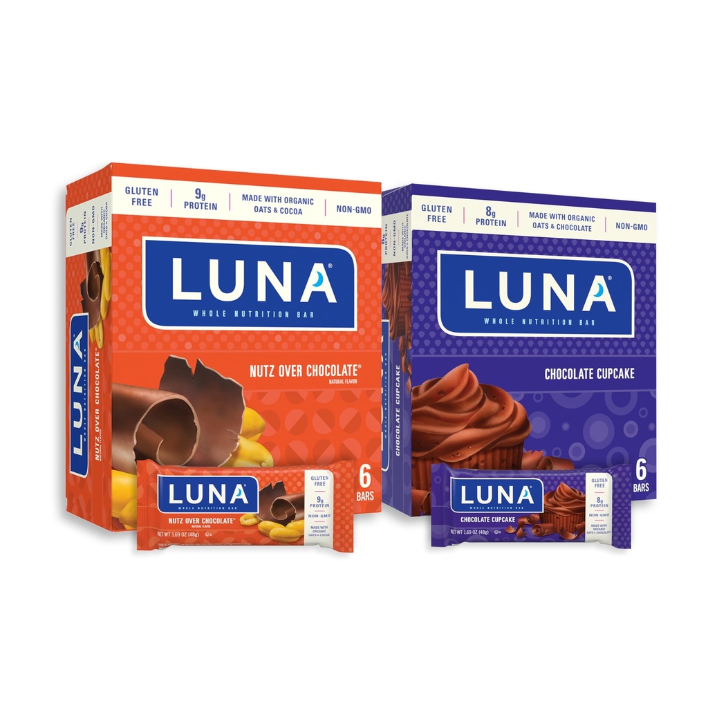 LUNA Bar - Variety Pack - Nutz Over Chocolate and Chocolate Cupcake Flavor - Snack Bars - Μη ΓΤΟ - Γλουτένη-free Protein Bars - Φτιαγμένα με οργανική βρώμη (12 Pack, 2 Boxes)