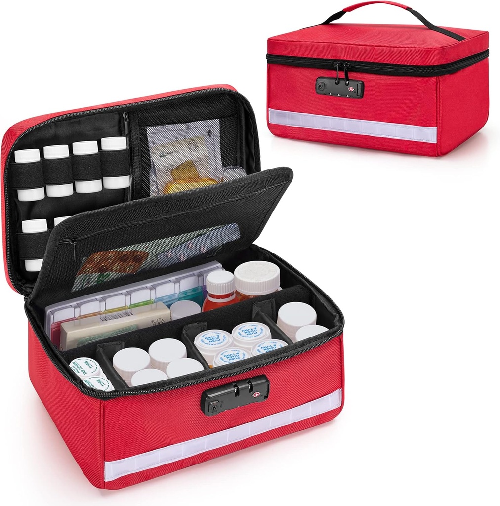 Damero Locking Pill Bottle Organizer with Inner Dividers, Medicine Storage and Organizer Bag Combination Lock for Medicine, Vitamins and Medical Supplies, Red