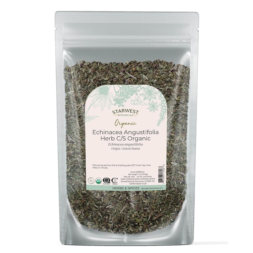 Starwest Βοτανικά Αποξηραμένα Echinacea Angustifolia Organic - Loose Leaf Herb for Tea, Tinctures, & Natural Herbal Blends, Cut & Sifted, Certified Kosher, Non-GMO - 4 oz Pouch