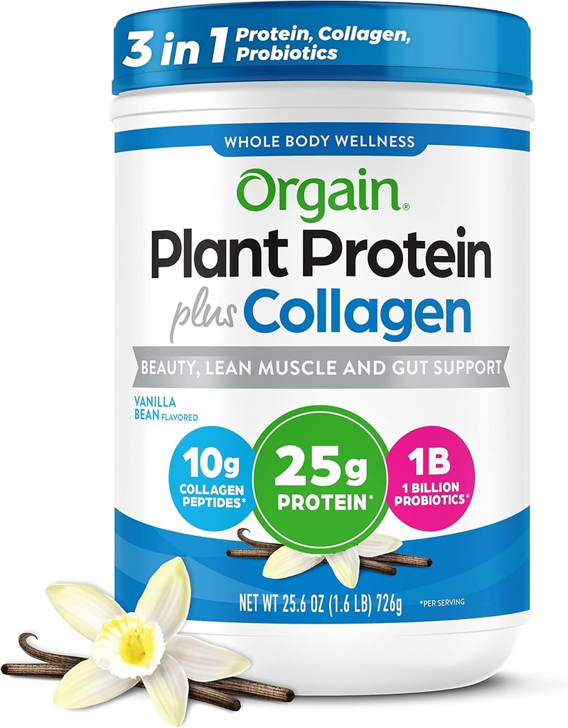 Orgain Protein Powder + Collagen, Vanilla Bean - 25g πρωτεϊνης, 10g Collagen Peptides, Type I & III, 1B CFU Προβιοτικά, Υποστηρίζει τα μαλλιά, το δέρμα, τα νύχια, την υγεία των αρθρώσεων και των ούλων, χωρίς γλουτένη - 1,6lb