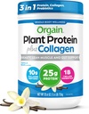 Orgain Protein Powder + Collagen, Vanilla Bean - 25g πρωτεϊνης, 10g Collagen Peptides, Type I & III, 1B CFU Προβιοτικά, Υποστηρίζει τα μαλλιά, το δέρμα, τα νύχια, την υγεία των αρθρώσεων και των ούλων, χωρίς γλουτένη - 1,6lb