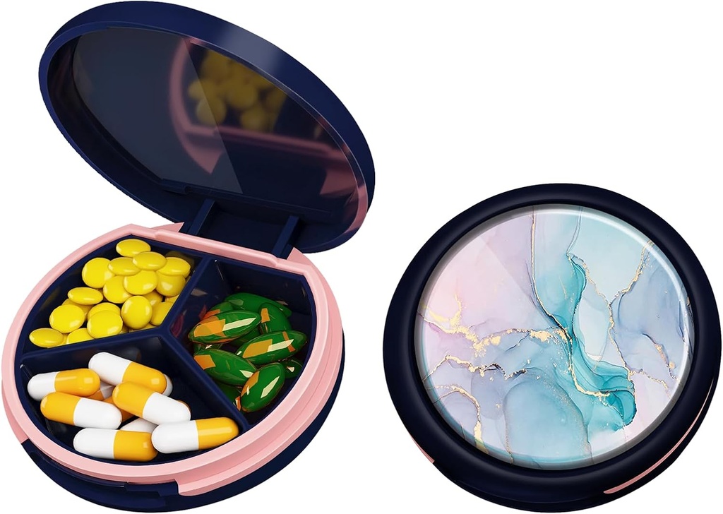 Serfeymi Small Pill Box - 3 Compartments Portable Pill Box for Purse Pocket, Compact Mini Travel Pill Case - Suitable for Medicine, Vitamin, Fish Oil, Supplements - Dark Blue(Marble)