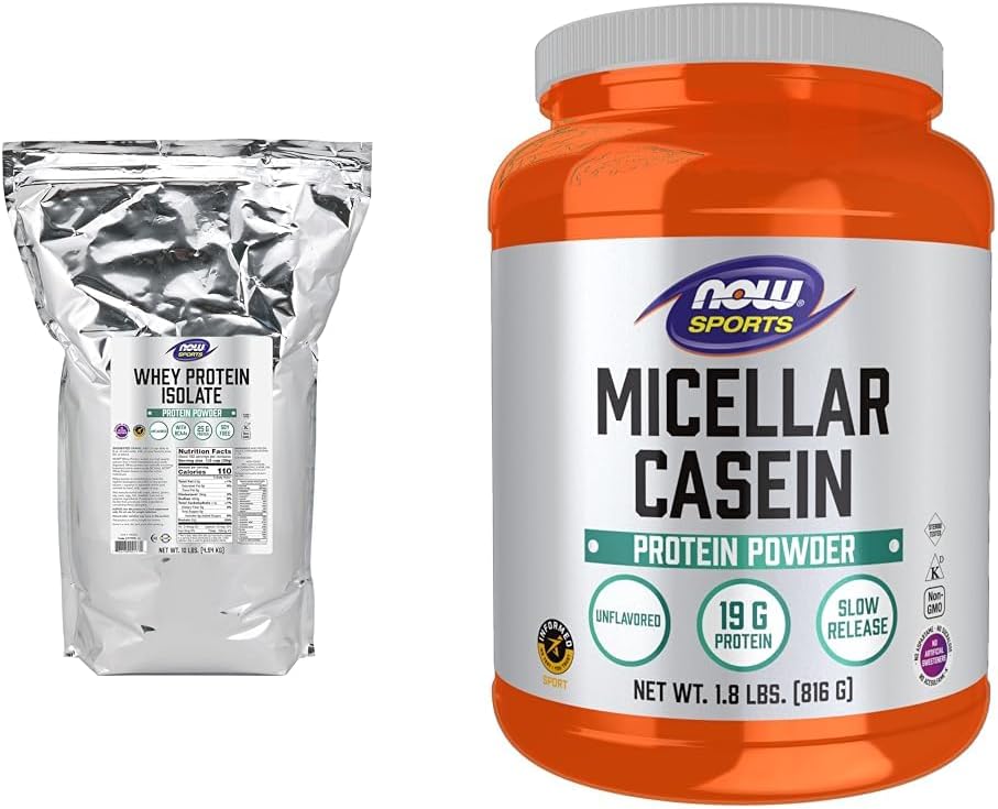 NOW Sports Nutrition, Whey Protein Isolate, 25 g με BCAAs, Unflavored Powder, 10-Pound & Sports Nutrition, Micellar Casein 19 g, Slow Release, Unflavored Powder, 1.8-Pound