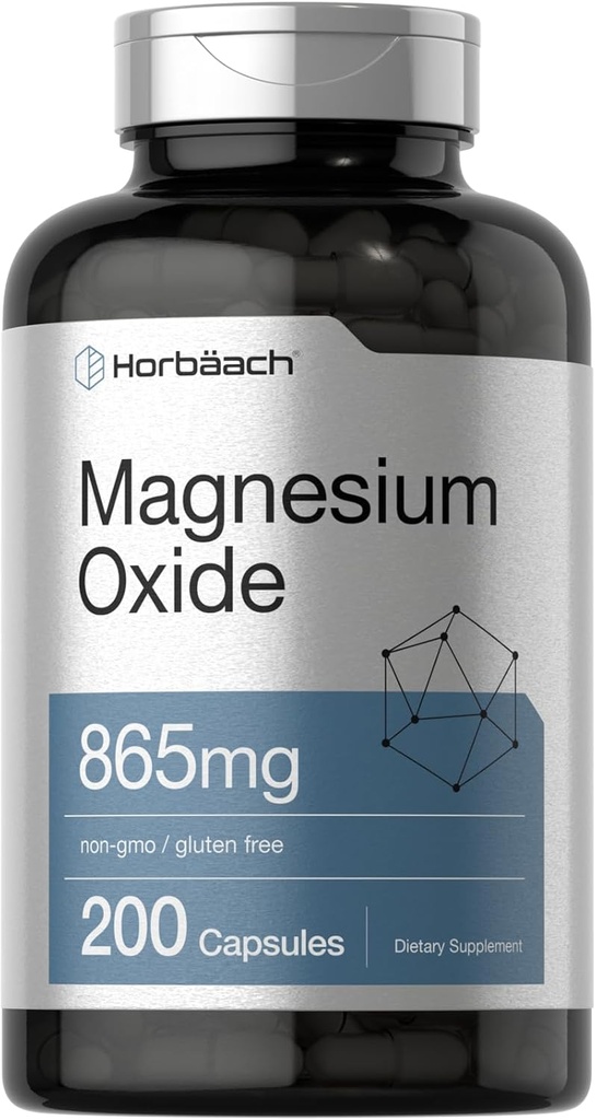 Horbäach Magnesium Oxide 865 mg | 200 Capsules | Non-GMO and Gluten Free Supplement