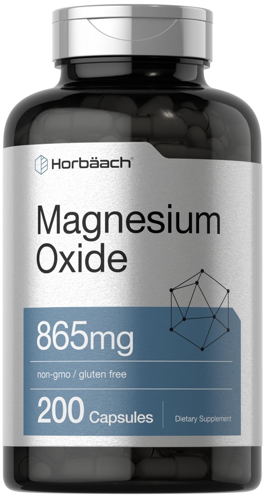 Horbäach Magnesium Oxide 865 mg | 200 Capsules | Non-GMO and Gluten Free Supplement