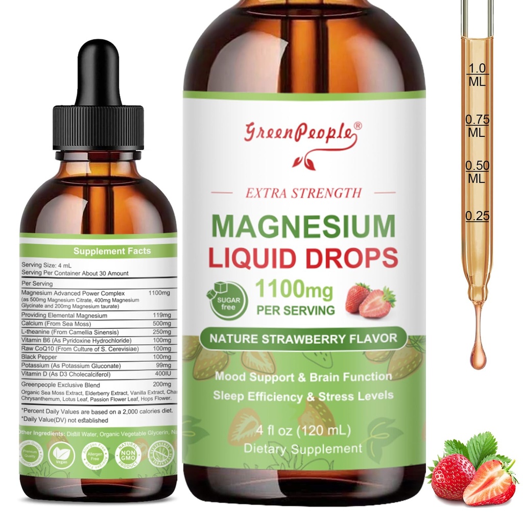 GREENPEOPLE Μαγνήσιο Γλυκινικό Υγρό Drop - 17-σε-1 4Fl. Oz τριπλό σύμπλοκο μαγνησίου συμπλήρωμα με γλυκινικό 400mg & κιτρικό 500mg Taurate/L-Θεανίνη για Calm Mood/Muscle/Sleep, Strawberry Flavor
