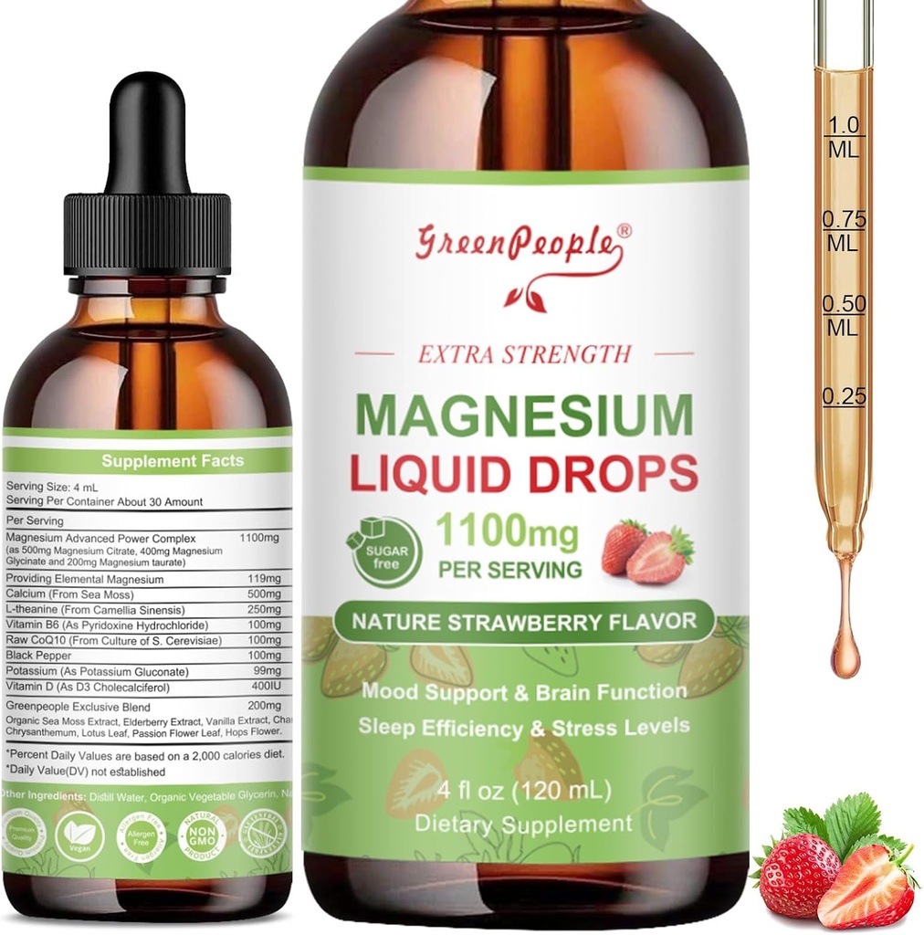 GREENPEOPLE Magnesium Glycinate Liquid Drop - 17-in-1 4Fl. Oz Triple Magnesium Complex Supplement with Glycinate 400mg & Citrate 500mg Taurate/L-Theanine for Calm Mood/Muscle/Sleep,Strawberry Flavor
