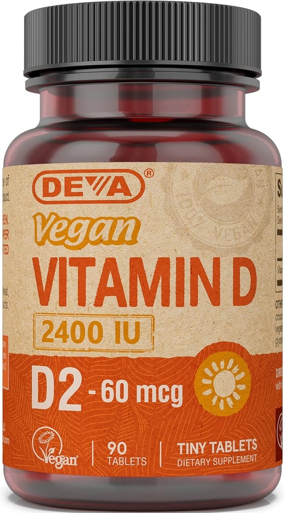 Deva Vegan Βιταμίνη D2 60 mcg 2400 IU, συμπλήρωμα εργοκαλσιφερόλης χωρίς συστατικά ζώων, 90 δισκία, 1- συσκευασία