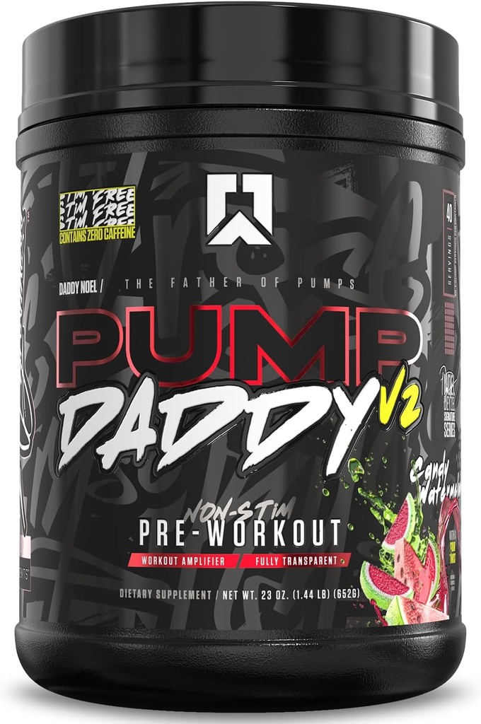 RYSE Pump Daddy V2 Pre Workout Powder - Noel Deyzel Signature - Cardy Watermelon - Συμπλήρωμα μη-Stim με κιτρουλίνη, κρεατίνη και βήτα αλανίνη για αντλίες, αντοχή και δύναμη - 40 εξυπηρετήσεις