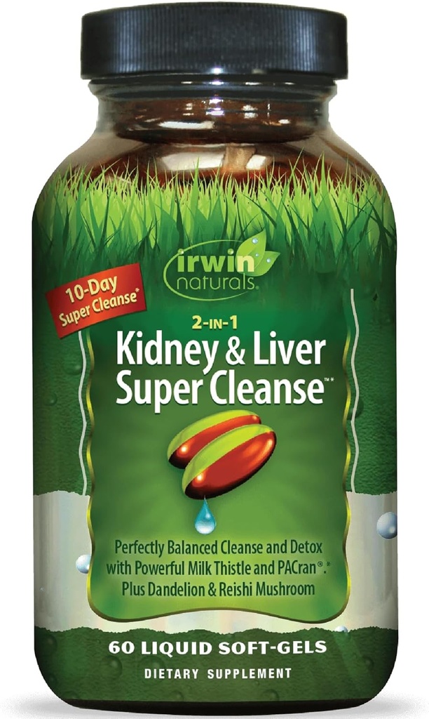Irwin Naturals 2-σε-1 Kidney & Liver Super Cleanse - 60 Liquid Softgels - Υψηλής ισχύος, πλήρη υποστήριξη σώματος με ιχθυέλαιο, ψευδάργυρο, μαγνήσιο, και κάλιο