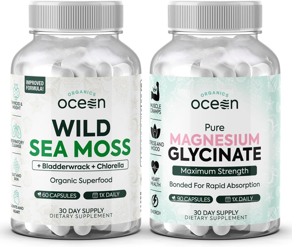 Organics Ocean Wild Sea Moss Capsules and Pure Magnesium Glycinate with Zinc - 100% Irish Sea Moss and Chelated Magnesium Supplement for Women and Men - Thyroid, Muscle Cramps and Sleep Support