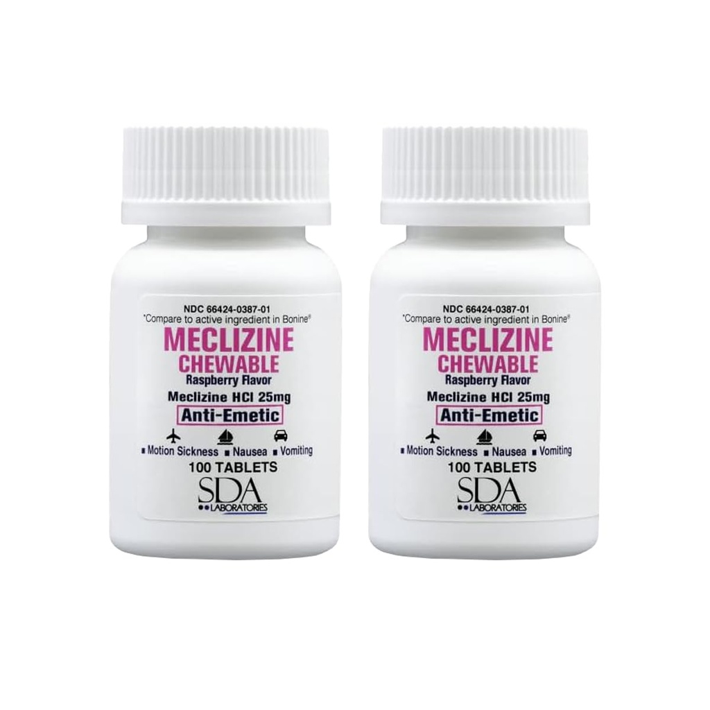 SDA ΕΡΓΑΣΤΗΡΙΑ Meclizine 25mg Μασώμενα δισκία, Αντιεμετικά, Βατόμουρο Γεύση, Κίνηση Ασθένεια & Ίλιγγος Ανακούφιση για Ναυτία, Ζάλη, Έμετος, Φορητή Ταξιδιωτική Βοήθεια (2 μπουκάλια των 100 μέτρων)