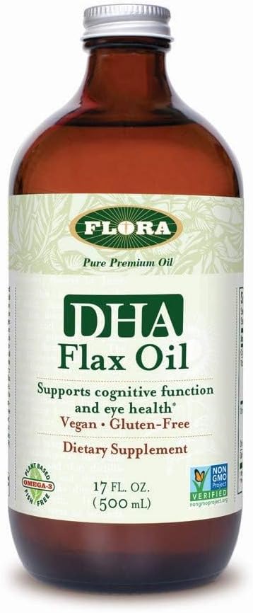 Flora DHA flax Oil - Υποστηρίζει την υγεία του εγκεφάλου - Περιέχει Vegan Omega-3-6-9, χωρίς γλουτένη, Kosher & μη GMO - Κρατήστε chilled - γυάλινο μπουκάλι - 17 fl. oz.