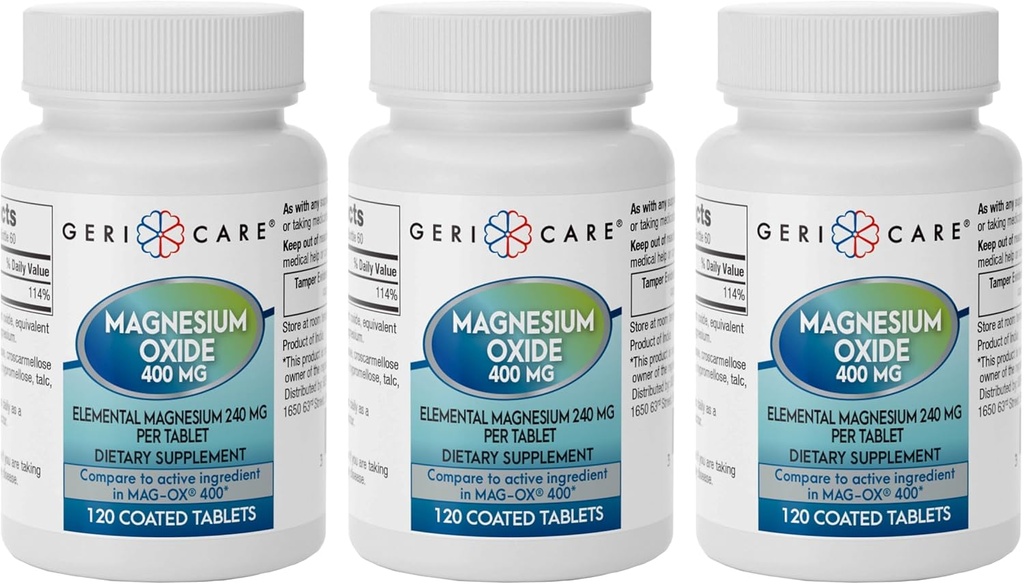 GeriCare Magnesium Oxide Supplement 240 mg of Elemental Magnesium, 120 Tablets, Essential Mineral Support, Promotes Vascular Health, Bone Strength, and Muscle Function (Pack of 3)