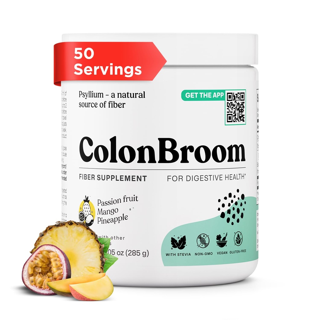 ColonBroom Psyllium Husk Powder with Stevia (Tropical Fruits) - Colon Cleanse for Bloating Relief & Gut Health - Colon Broom Fiber Powder Drink - Vegan Fiber Powder Stevia Supplement, 50 Σερβιέτες