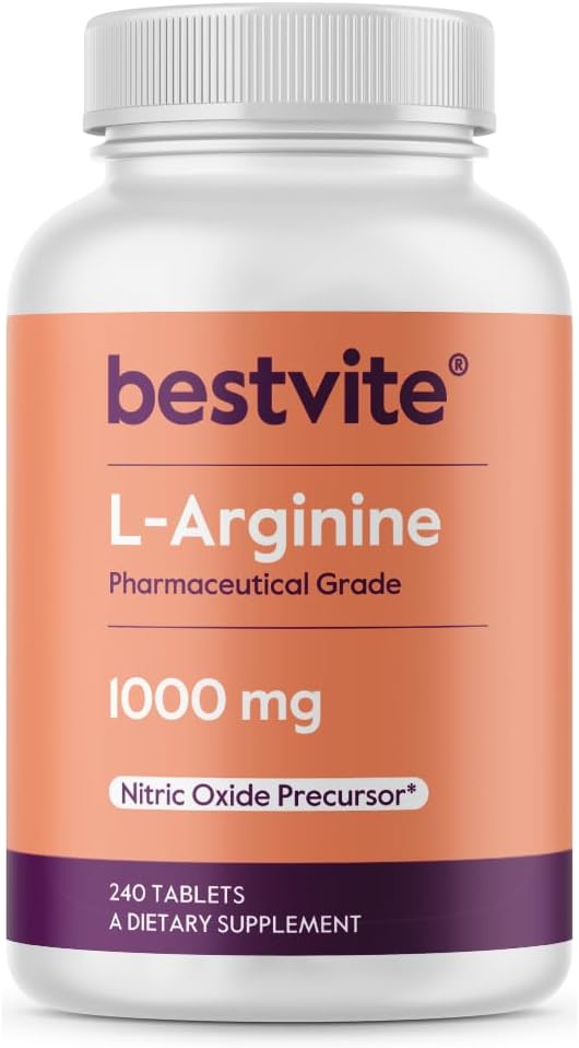 BESTVITE L- Αργινίνη 1000mg ανά δισκίο (240 δισκία) – Φαρμακευτικός Βαθμός – Περιέχει 20% Περισσότερα Αμιγής Αργινίνη Σε σύγκριση με την Arginine HCl – Nitric Oxide Precursor*