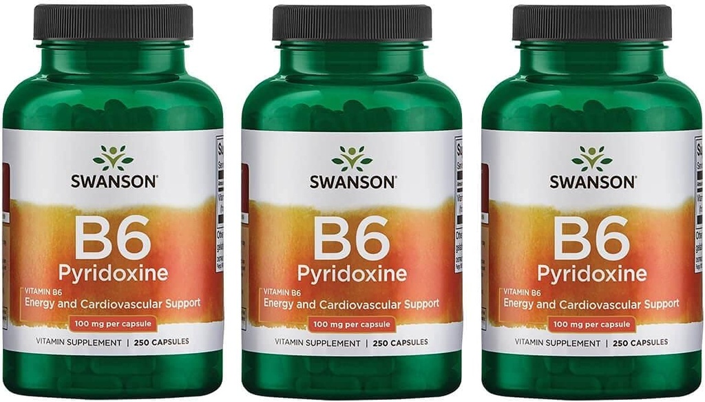 Swanson B6 Πυριδοξίνη - Συμπλήρωμα βιταμίνης Προώθηση Καρδιαγγειακής Υγείας & Ενέργειας Μεταβολισμός - Φυσική Φόρμουλα Προώθηση της Συνολικής Ευεξίας - (250 κάψουλες, 100mg έκαστο) 3 Συσκευασία
