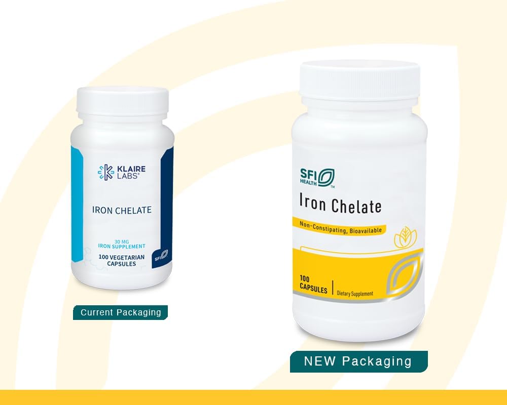 Klaire Labs SFI Health Iron Bisglycinate Chelate Supplement - 30mg Ferrous Bisglycinate Chelate - Σχεδιασμένο για να είναι καλά ανεκτό, καλά απορροφημένο & απαλό στο στομάχι - Hypoallergenic (100 κάψουλες)